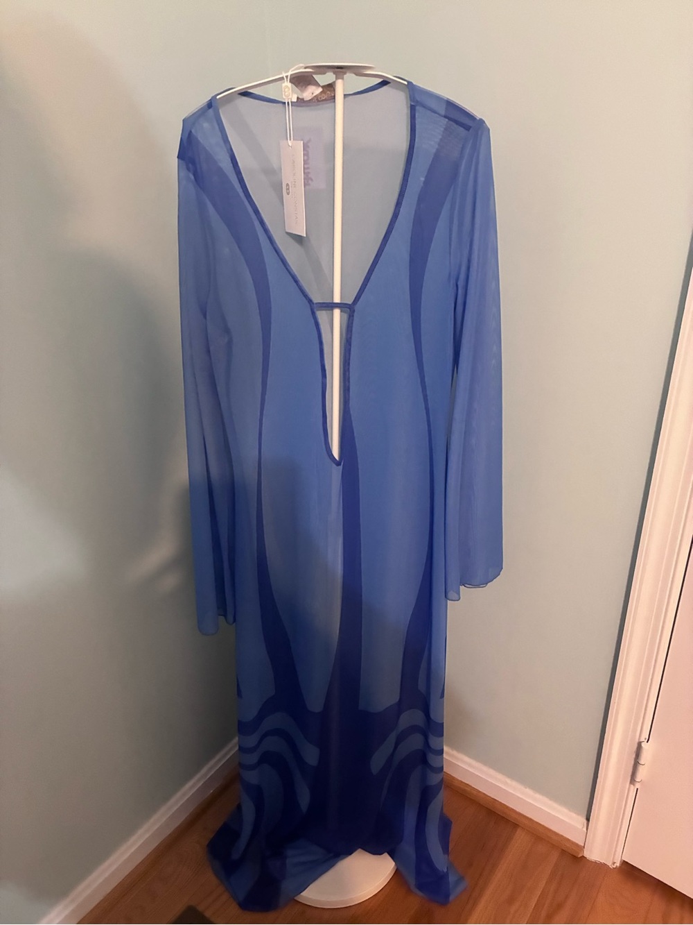 Caroline Constas Sheer Cobalt Blue Plunge Maxi Swim Coverup